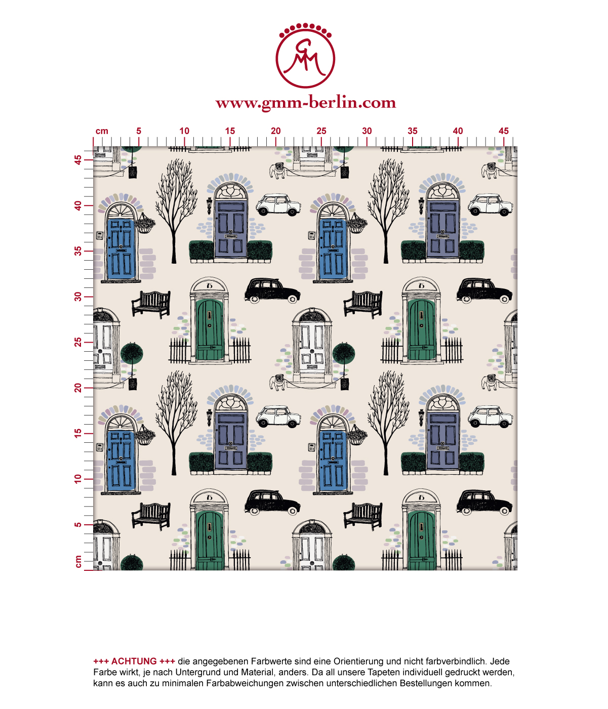 Fröhliche Tapete "Belgravia" mit Londoner Türen, Mini und Cabs in blau angepasst an Little Greene Wandfarben. Aus dem GMM-BERLIN.com Sortiment: Schöne Tapeten in creme Farbe