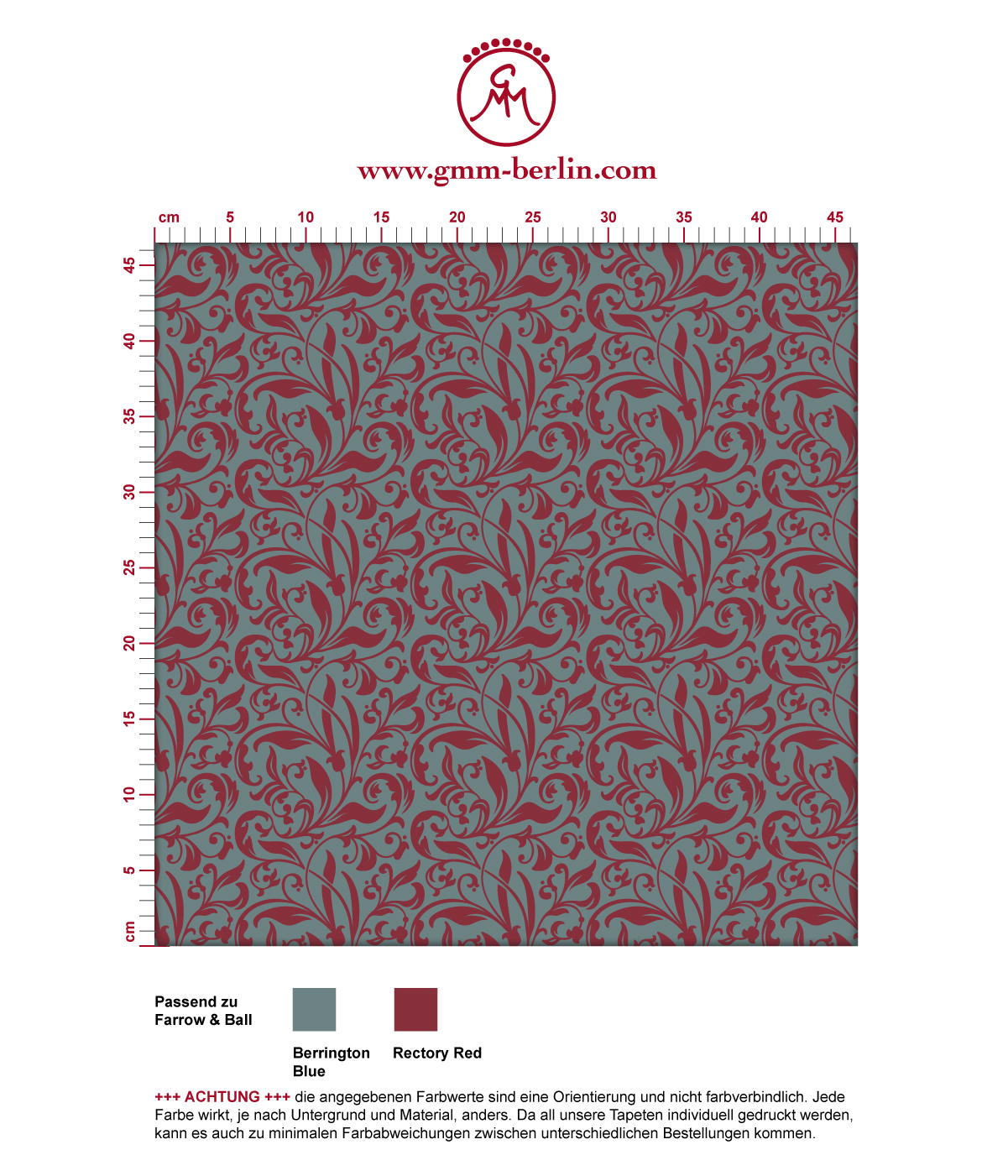 Rote Tapete "Victorian Delight" mit victorianischem Blatt Muster angepasst an Farrow and Ball Wandfarben. Aus dem GMM-BERLIN.com Sortiment: Schöne Tapeten in der Farbe: dunkel rot
