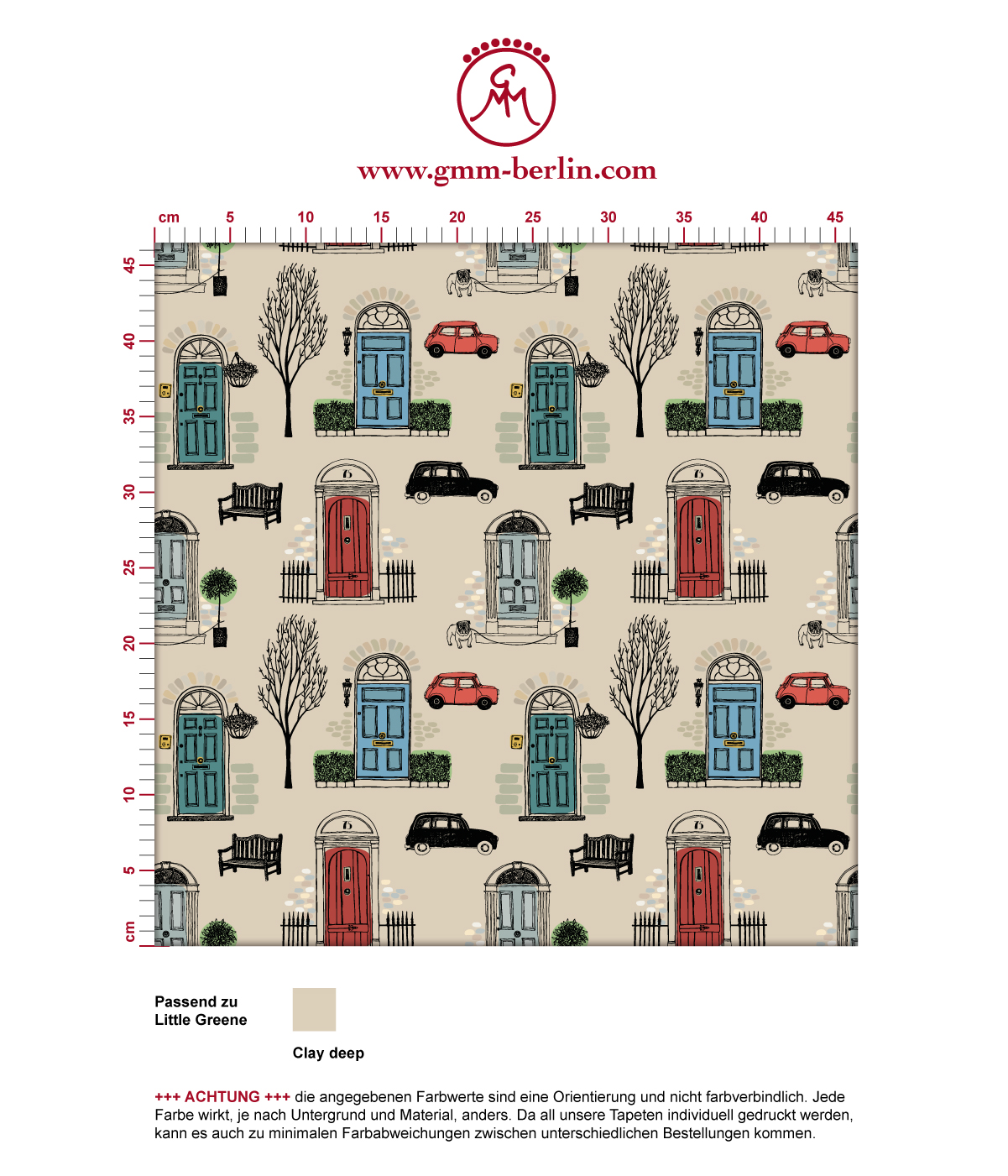 Haustüren Tapete "Belgravia" mit Londoner Türen, Mini und Cabs in rot angepasst an Little Greene Wandfarben. Aus dem GMM-BERLIN.com Sortiment: Schöne Tapeten in creme Farbe