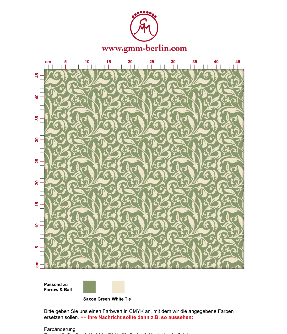 "Victorian Delight" - edle Tapete mit victorianischem Blatt Muster grün angepasst an Farrow and Ball Wandfarben. Aus dem GMM-BERLIN.com Sortiment: Schöne Tapeten in der Farbe: grün