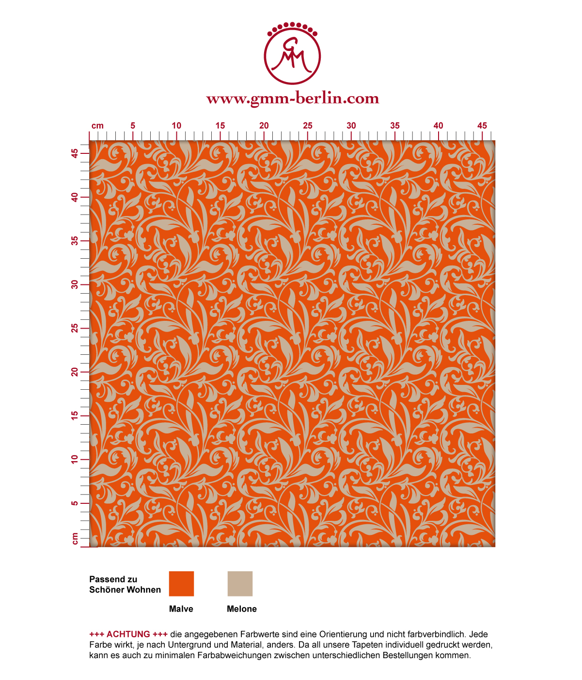 Schöne Tapete "Victorian Delight" mit victorianischem Blatt Muster orange angepasst an Schöner Wohnen Wandfarben. Aus dem GMM-BERLIN.com Sortiment: Schöne Tapeten in der Farbe: Orange