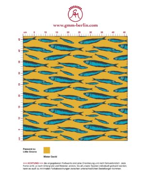 Angler Tapete "Sardinen Büchse" mit Fisch Schwarm in gelb angepasst an Liitle Greene Farben