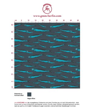 Retro Angler Tapete "Sardinen Büchse" mit Fisch Schwarm in blau angepasst an Farrow and Ball Farben