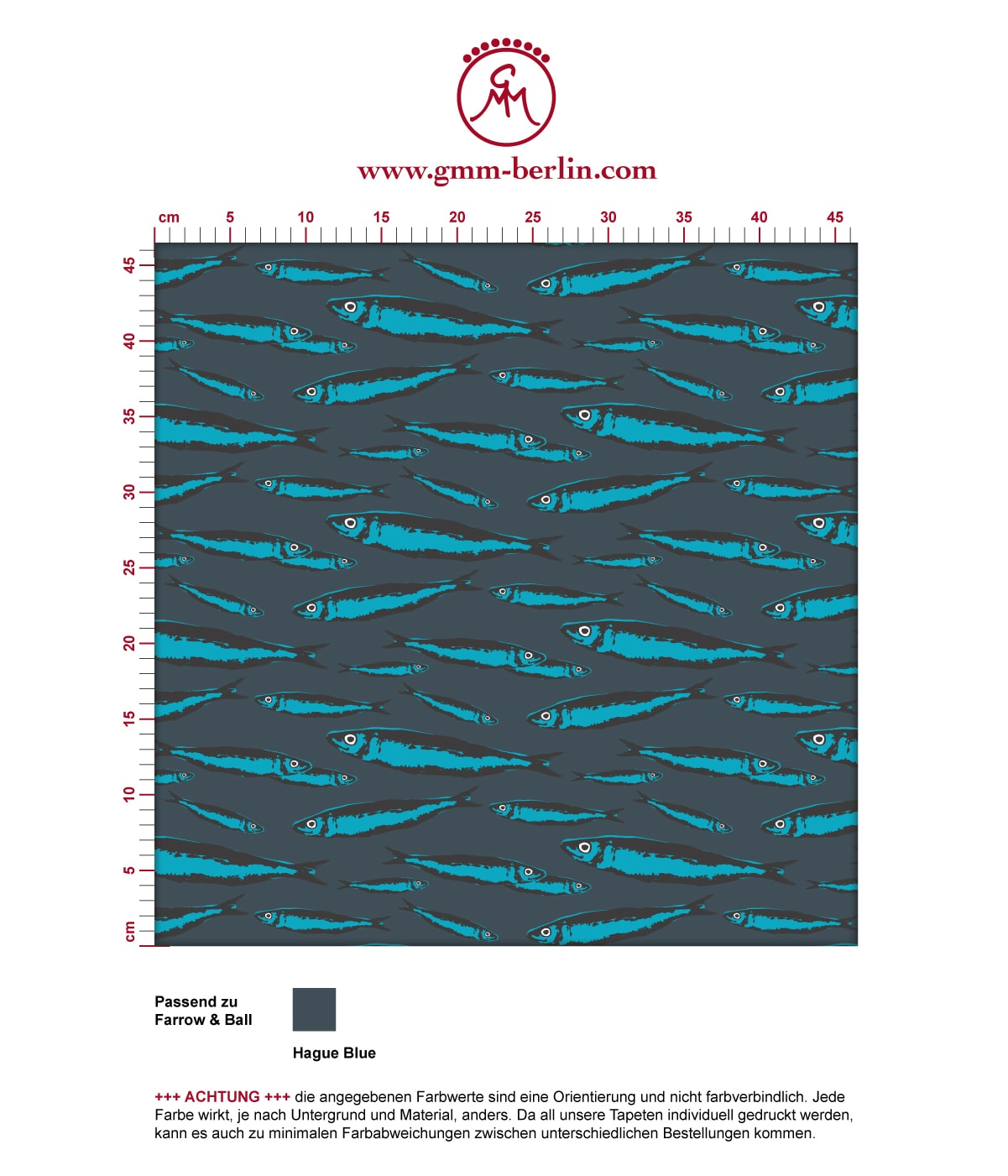 Retro Angler Tapete "Sardinen Büchse" mit Fisch Schwarm in blau angepasst an Farrow and Ball Farben