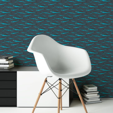 Retro Angler Design Tapete "Sardinen Büchse" mit Fisch Schwarm in blau