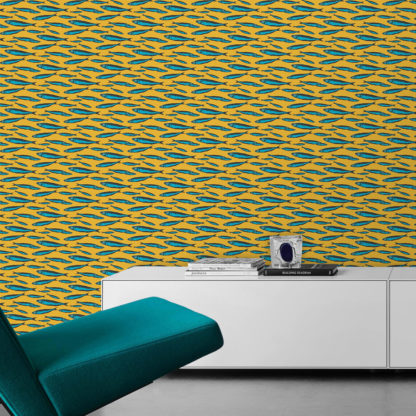 Angler Design Tapete "Sardinen Büchse" mit Fisch Schwarm in gelb Retro Wandgestaltung