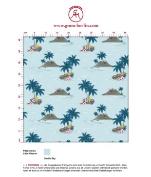 Vintage Ferien Tapete "Aloha" mit Hawaii Inseln und Blüten. Aus dem GMM-BERLIN.com Sortiment: Schöne Tapeten in der Farbe: hellblau