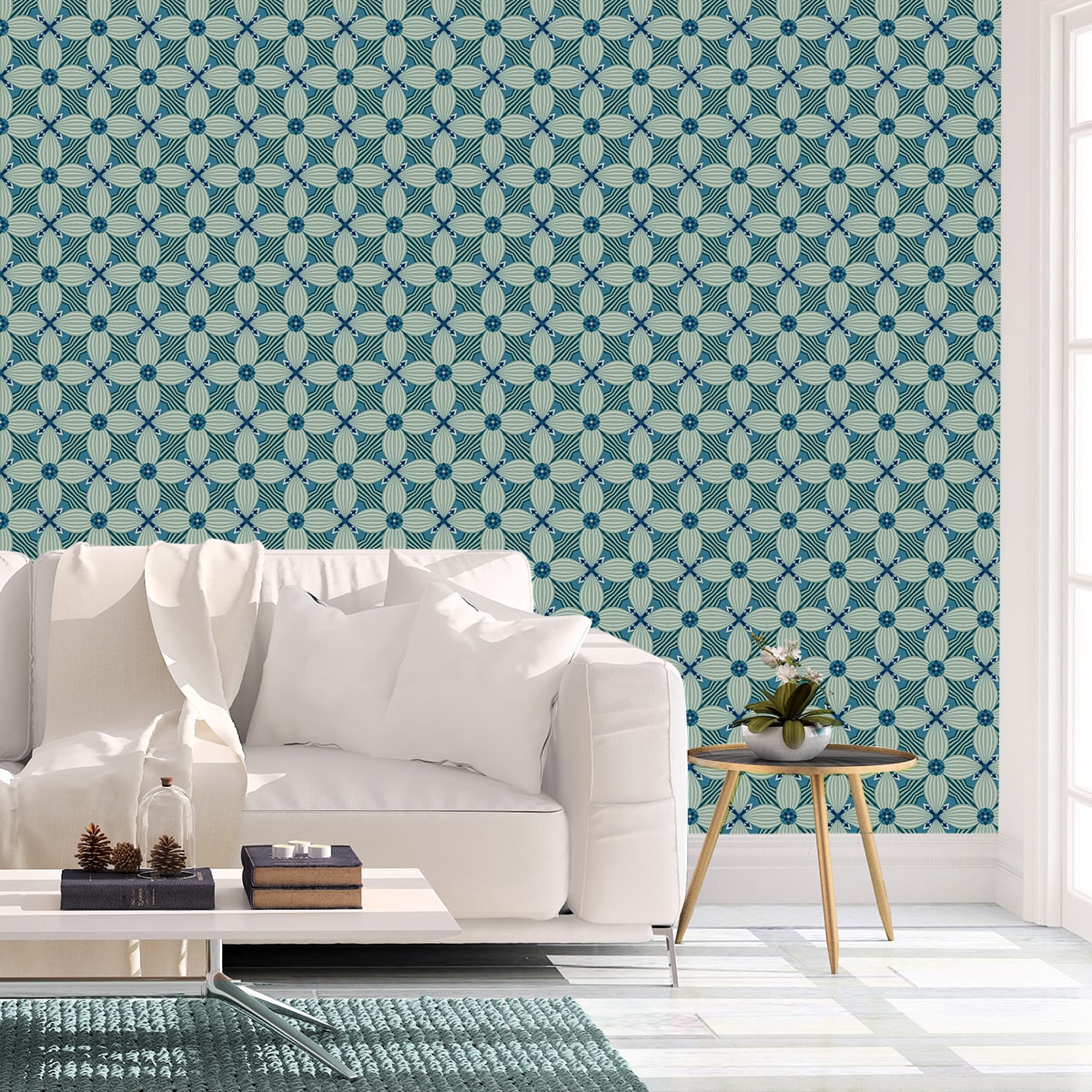 Schlafzimmer tapezieren in grün blau: Petrol Ornamenttapete Art Deko Lilly Muster groß - Design Tapete für Schlafzimmer