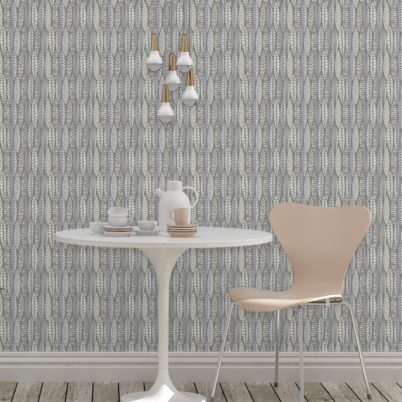 Wandtapete grau: Moderne Tapete Streifen Blätter grafisch floral in grau, Streifentapete für Ihr Zuhause