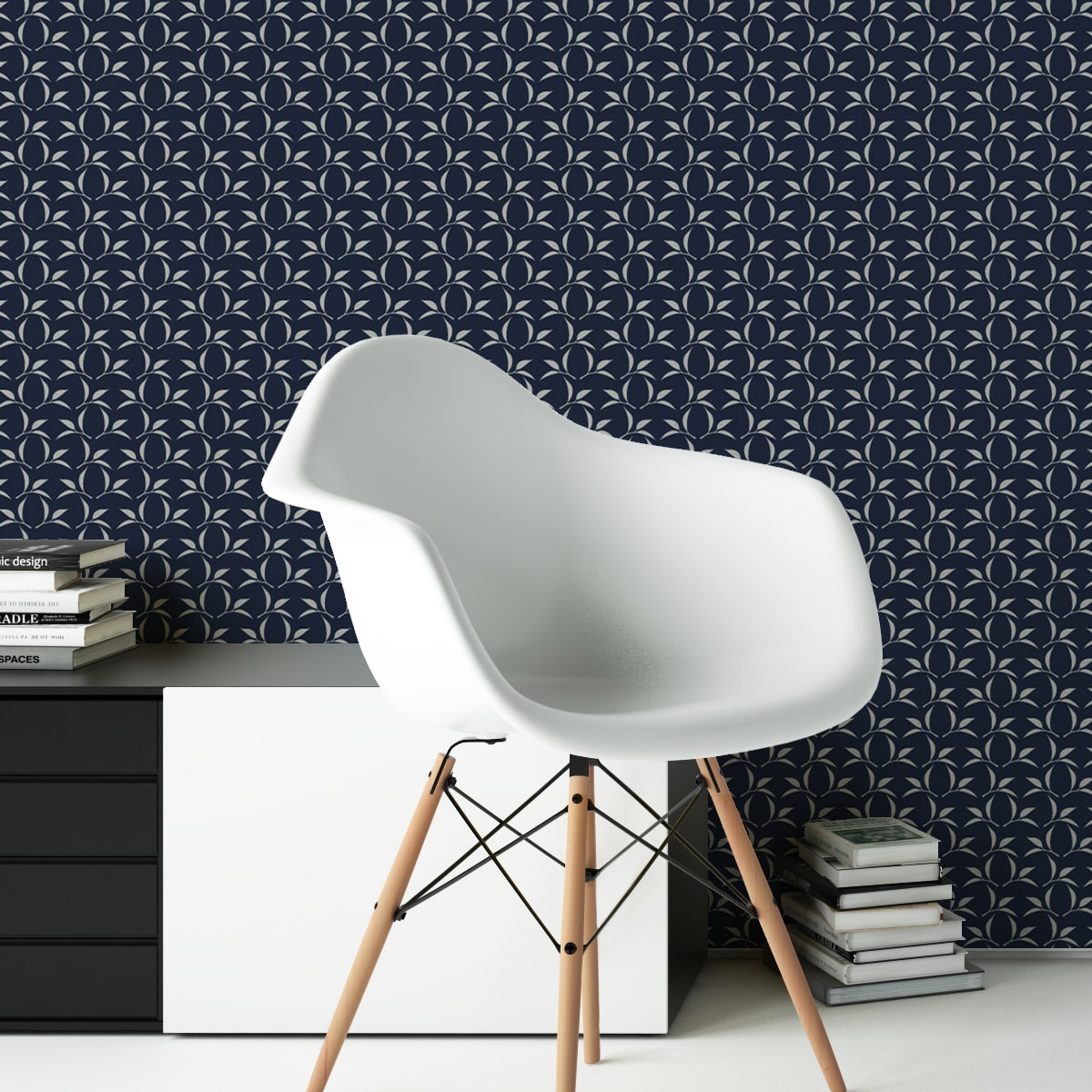 Wandtapete dunkel blau: Dunkelblaue Ornamenttapete Tea Time mit Tee Blättern, Design Tapete als Wandgestaltung