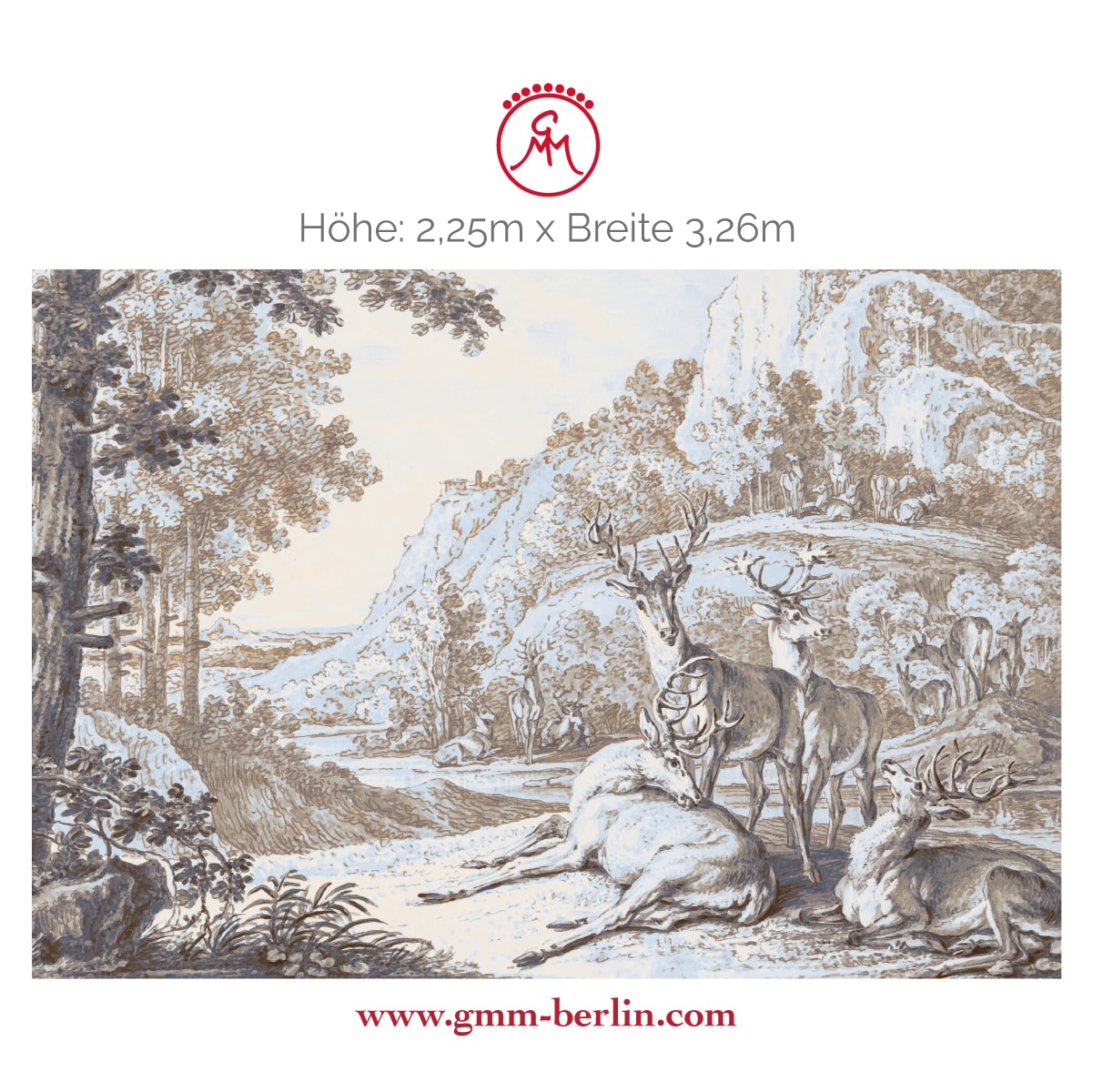Exkusive Panoramatapete: Klassische Kunst Tapete "Hirsche in Landschaft" nach Johann Elias Ridinger