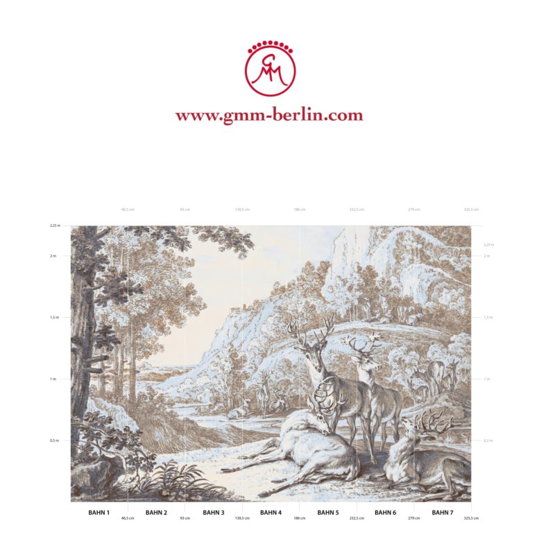 Große Panoramatapete: Klassische Kunst Tapete "Hirsche in Landschaft" nach Johann Elias Ridinger