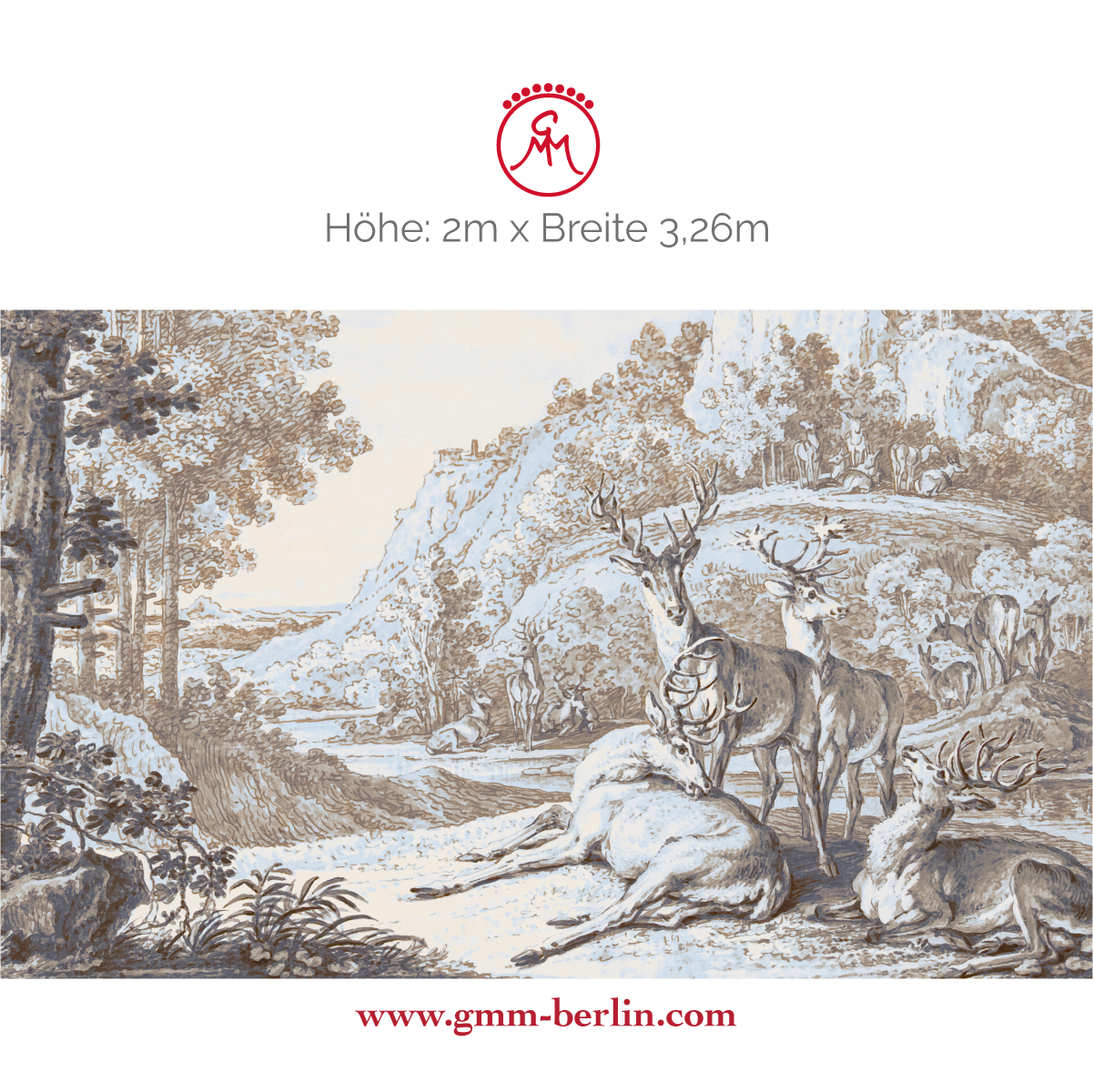 Dekorative Panorama Tapete: Klassische Kunst Tapete "Hirsche in Landschaft" nach Johann Elias Ridinger