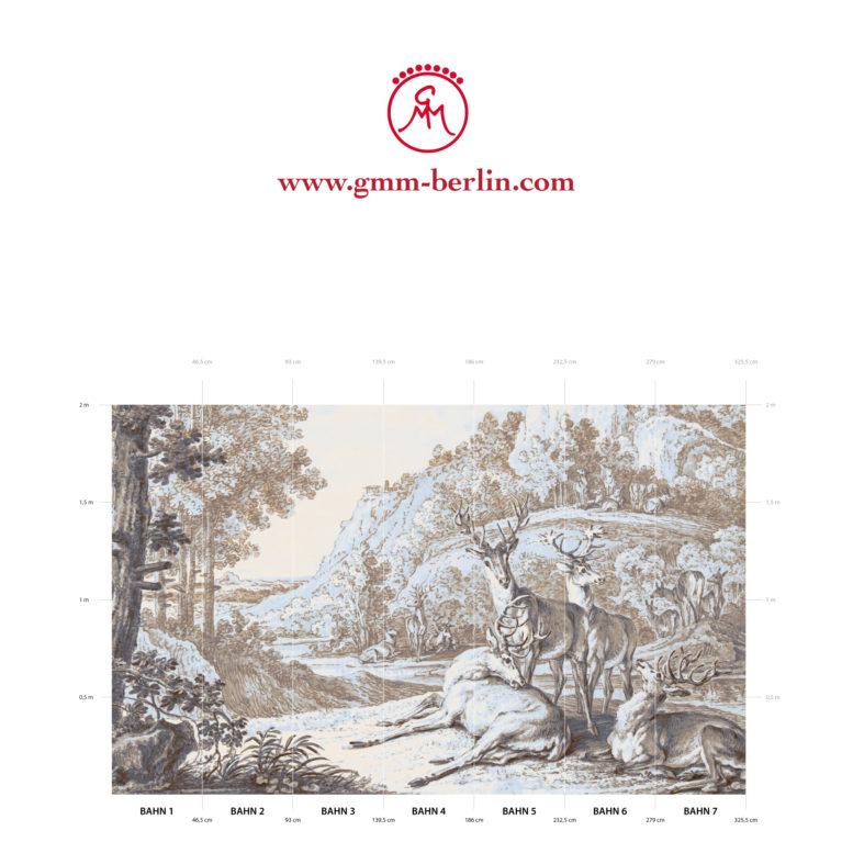 Große Panorama Tapete: Klassische Kunst Tapete "Hirsche in Landschaft" nach Johann Elias Ridinger