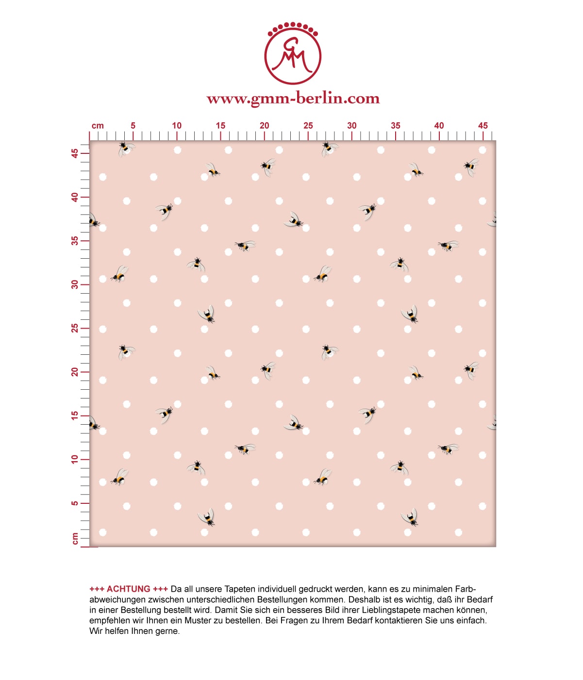 Polka Dot Tapete "Polka Bee" mit Bienen & Punkten, rosa Vlies-Tapete grafischer Wohnakzent für Wohnzimmer. Aus dem GMM-BERLIN.com Sortiment: Schöne Tapeten in der Farbe: Pink