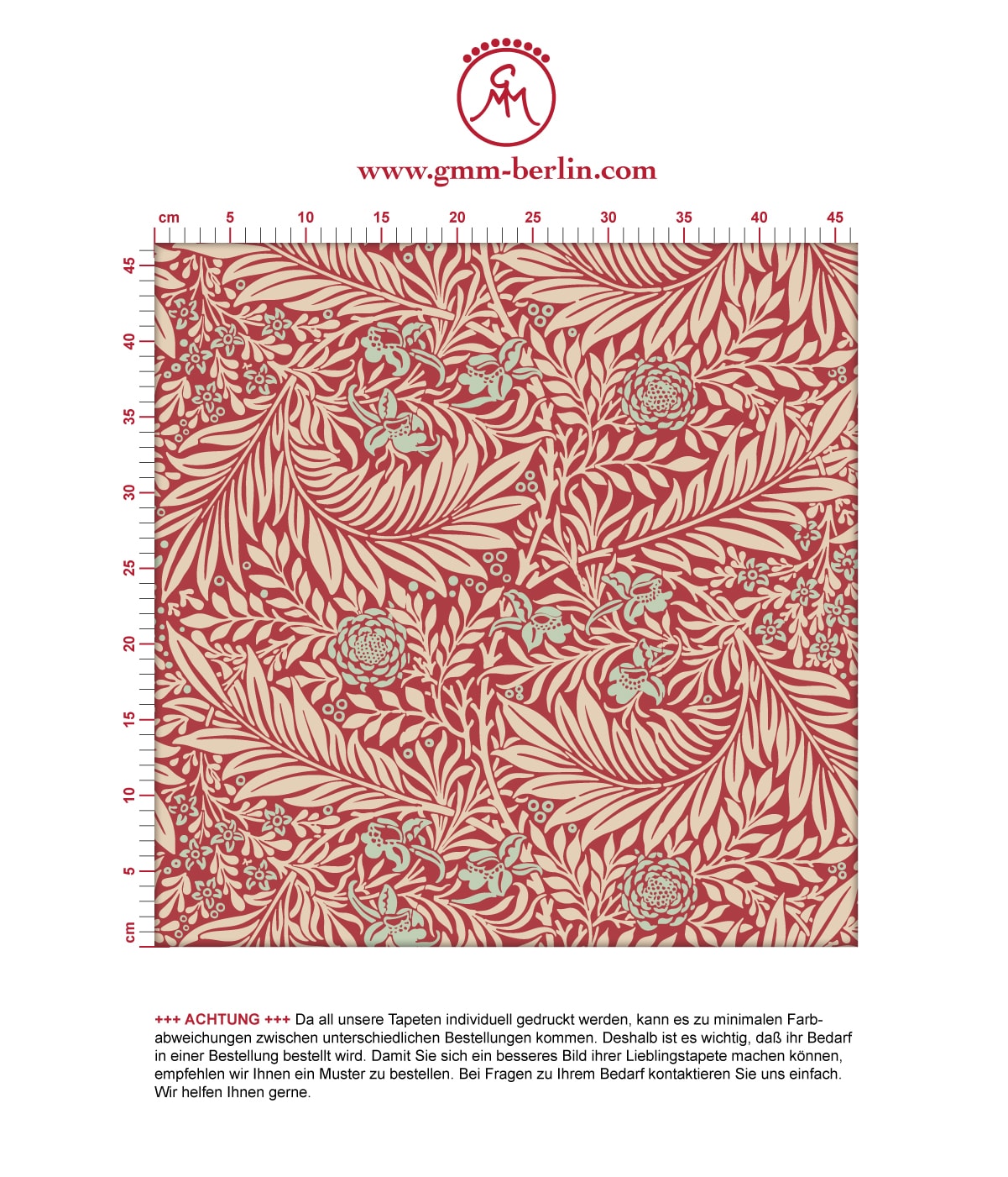 Feine Jugendstil Tapete "Délice florale" nach William Morris, rote Tapete, großer Rapport für Schlafzimmer. Aus dem GMM-BERLIN.com Sortiment: Schöne Tapeten in der Farbe: grün