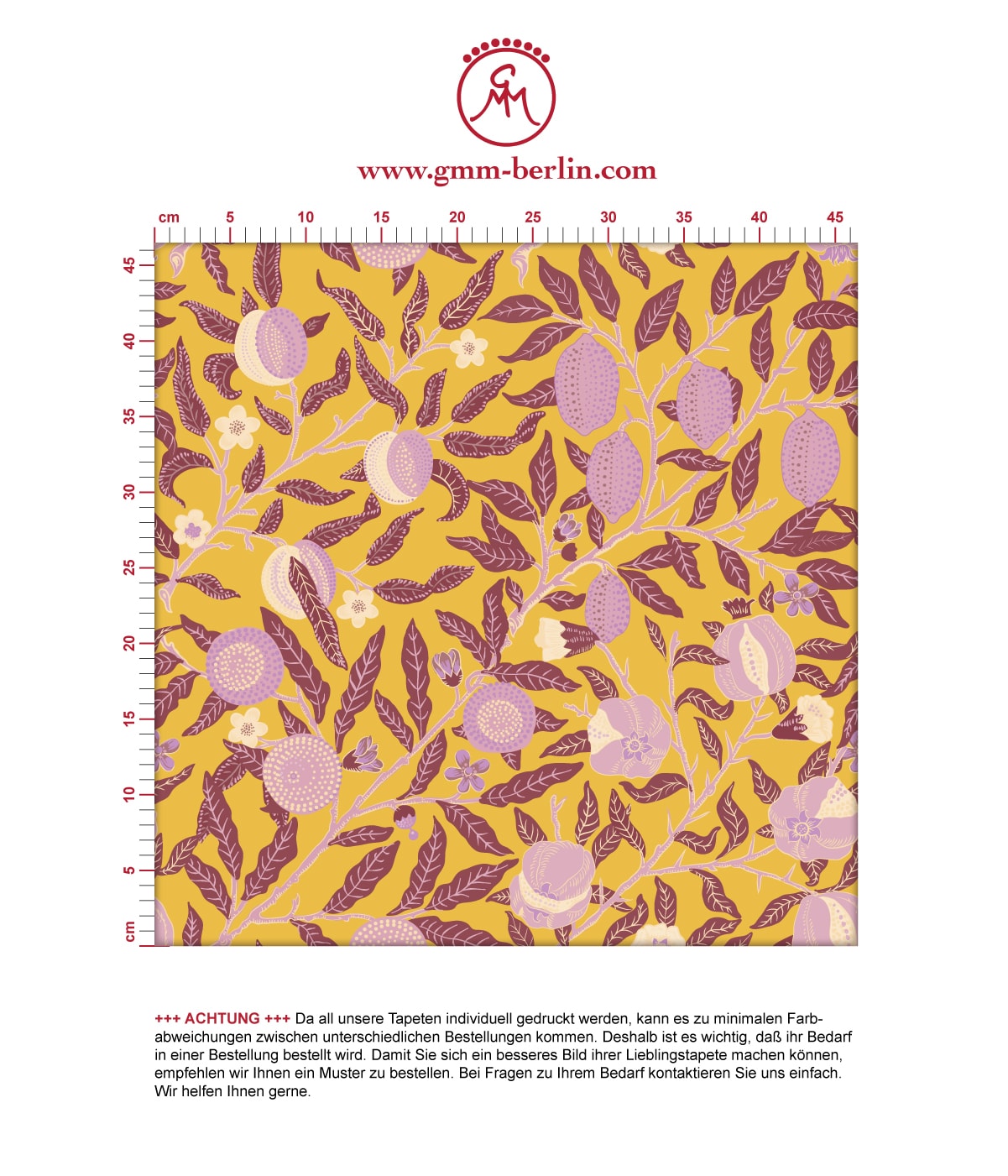 Moderne Jugendstil Tapete "Granatapfel Baum" nach William Morris, senf gelbe Vlies Tapete Natur Wanddeko für Schlafzimmerzum #einrichten #renovieren #wohnen #tapezieren. Aus dem GMM-BERLIN.com Sortiment: Schöne Tapeten in der Farbe: gelb