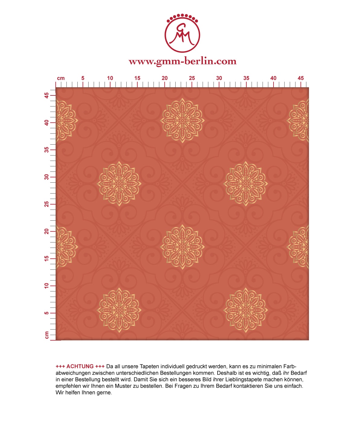 Rote Tapete oriental "Mandarin", rot braune Vlies Tapete Ornamente, elegante Wanddeko für Schlafzimmer. Aus dem GMM-BERLIN.com Sortiment: Schöne Tapeten in der Farbe: rot