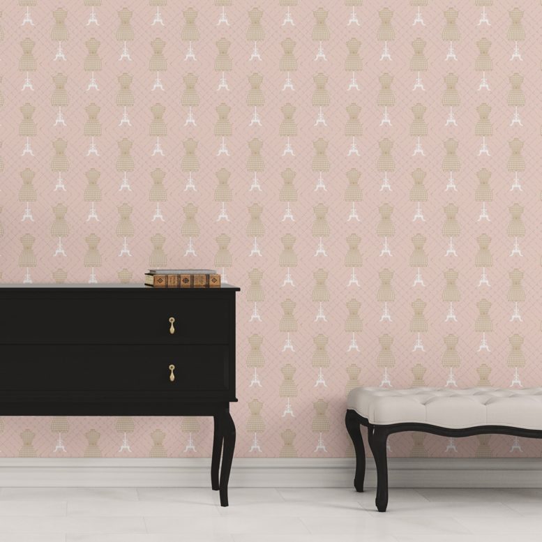 Tapete für Büroräume pink: Schöne Tapete "Fashionista" mit Kleiderpuppen Schnittmuster, rosa beige Vlies Tapete Ornamenttapete für Flur, Büro