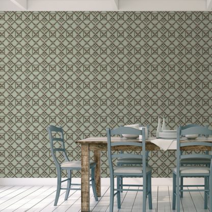 Historische Tapete grün: Hellgrüne Vliestapete "Bambusgitter" im klassisch, grafischen Stil für Küche und Gang